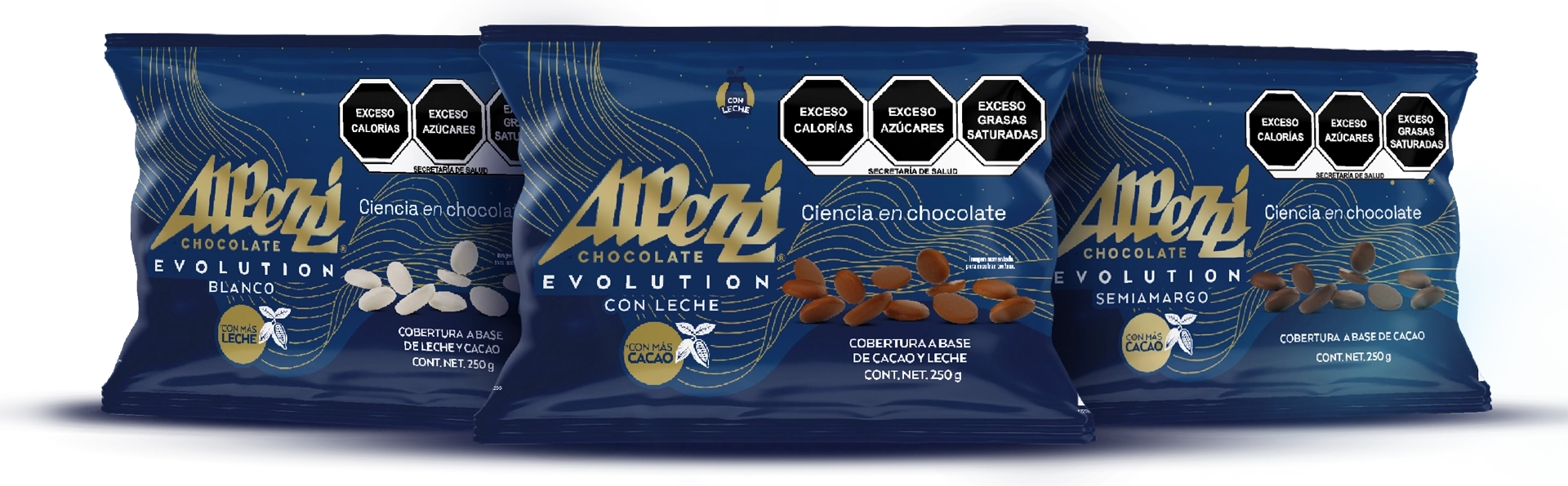 Empaque de las presentaciones Chocolate Alpezzi Evolution semiamargo